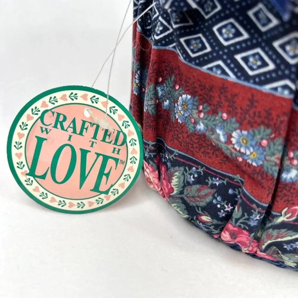 NWT Vintage Crafted With Love Fabric Pattern Sewing Basket With Handle